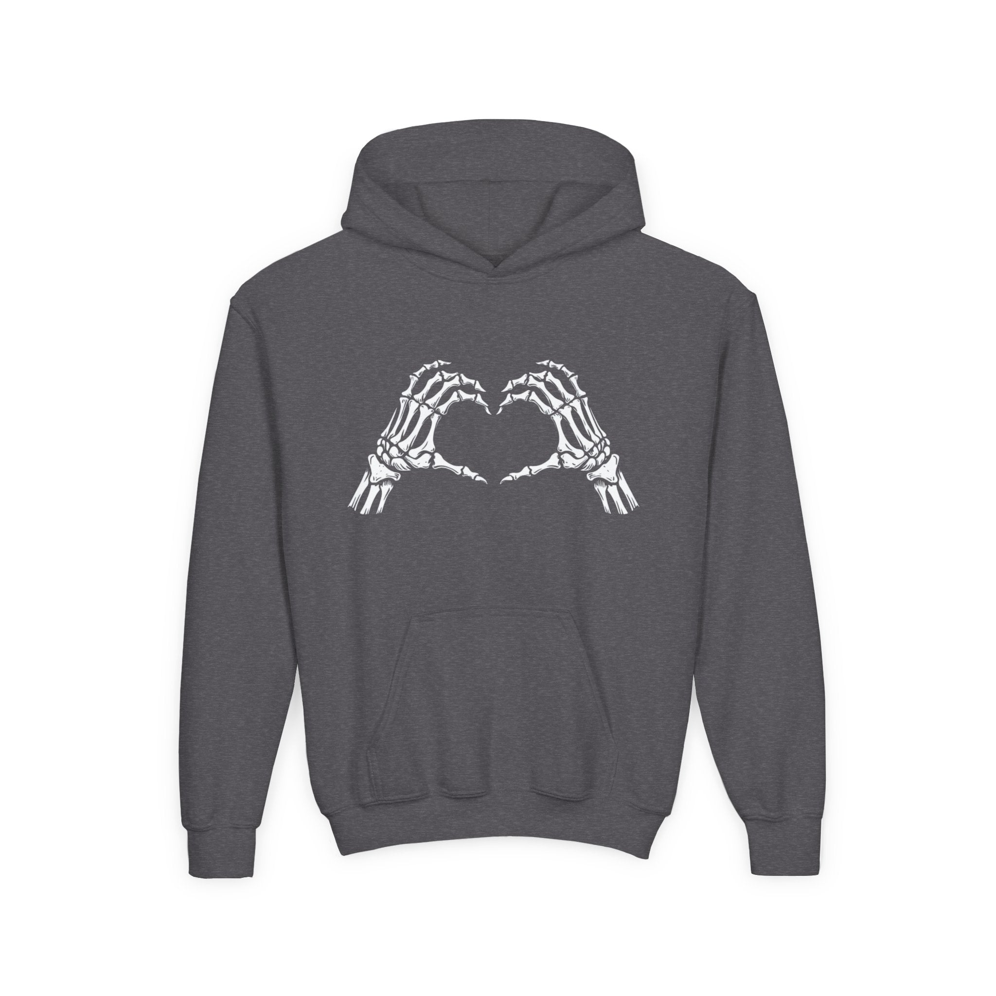 Youth Hoodie — Skeleton Hand Heart Front & “NAUGHTY LIST” Back Holiday Pullover
