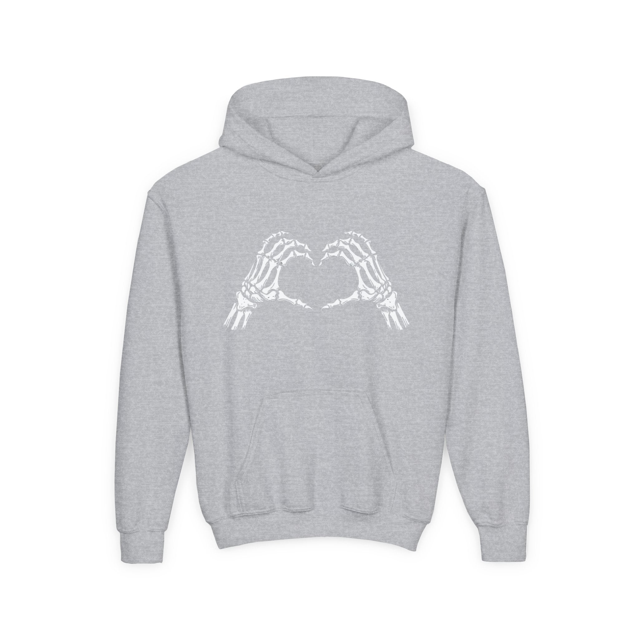 Youth Hoodie — Skeleton Hand Heart Front & “NAUGHTY LIST” Back Holiday Pullover