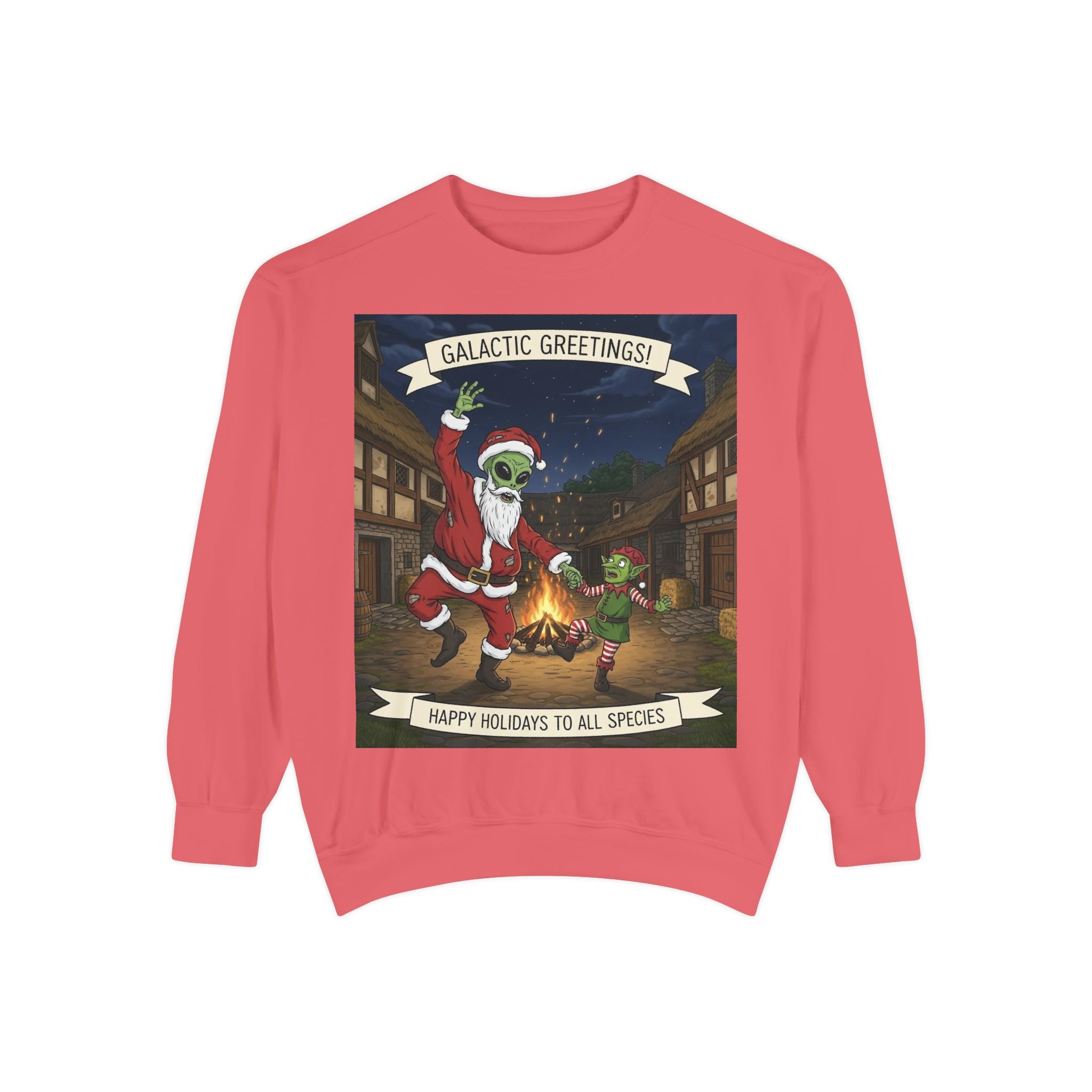 Galactic Greetings Santa Alien Dance sweatshirt | Christmas sci-fi holiday design