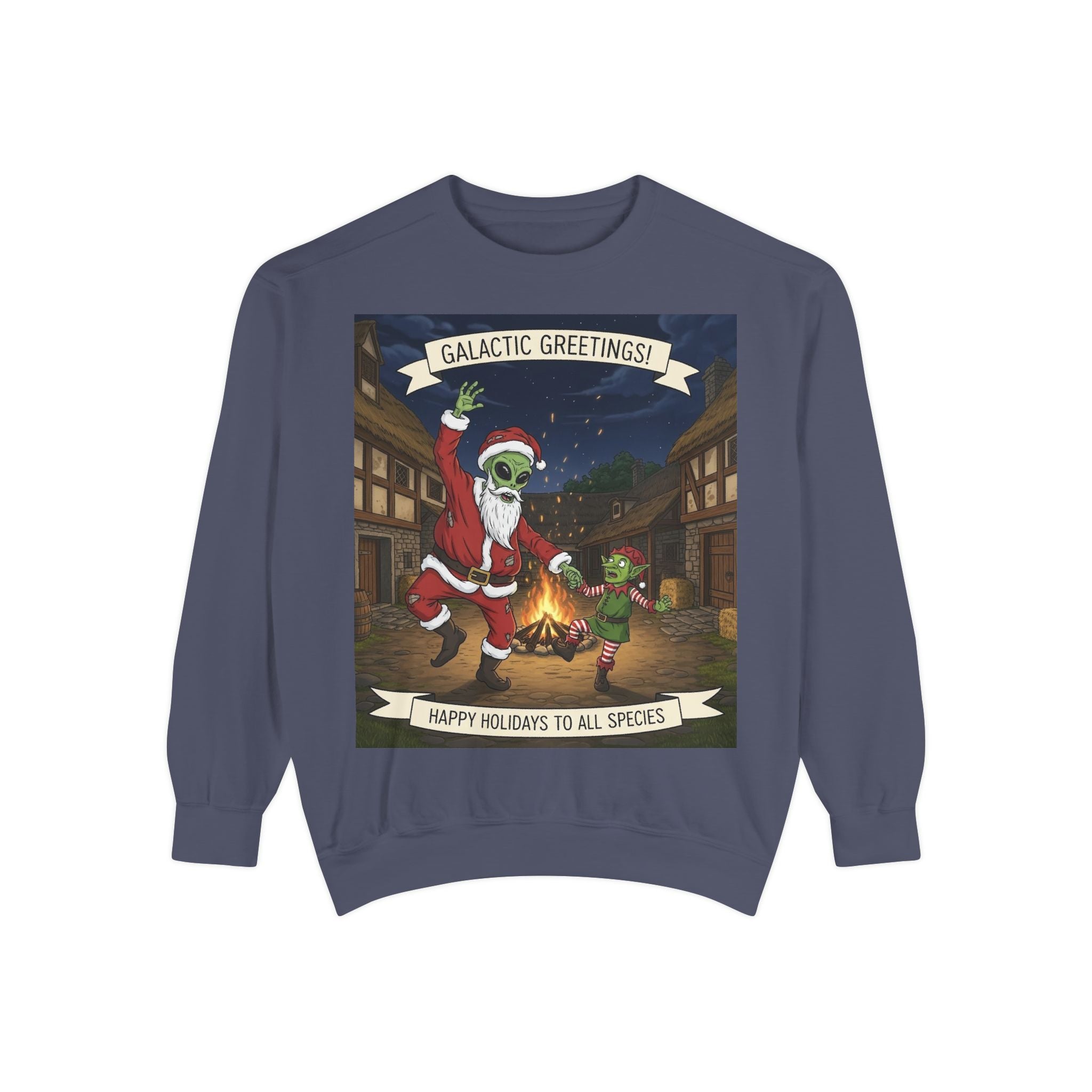 Galactic Greetings Santa Alien Dance sweatshirt | Christmas sci-fi holiday design