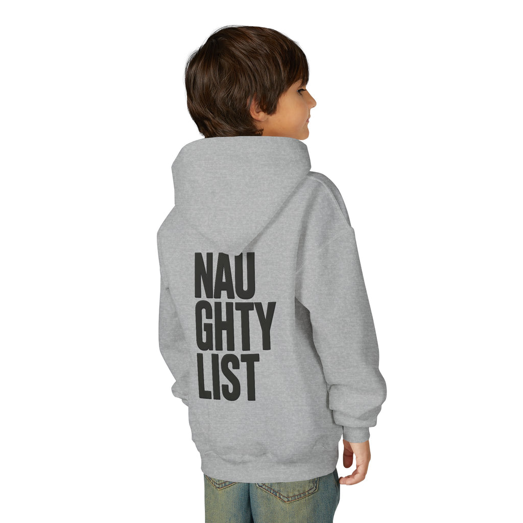 Youth Hoodie — Skeleton Hand Heart Front & “NAUGHTY LIST” Back Holiday Pullover