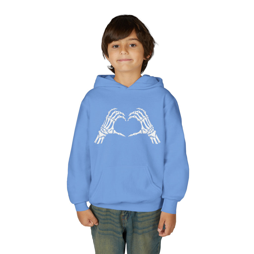 Youth Hoodie — Skeleton Hand Heart Front & “NAUGHTY LIST” Back Holiday Pullover