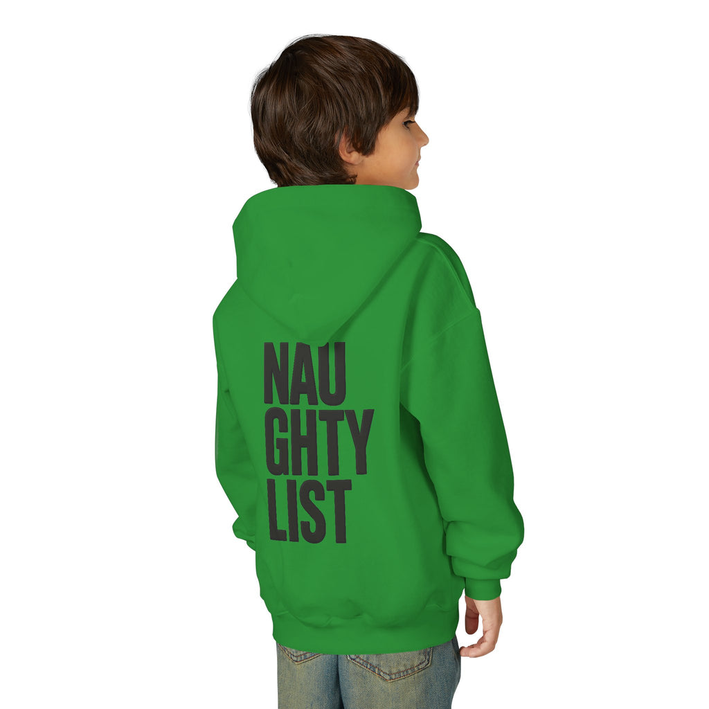 Youth Hoodie — Skeleton Hand Heart Front & “NAUGHTY LIST” Back Holiday Pullover