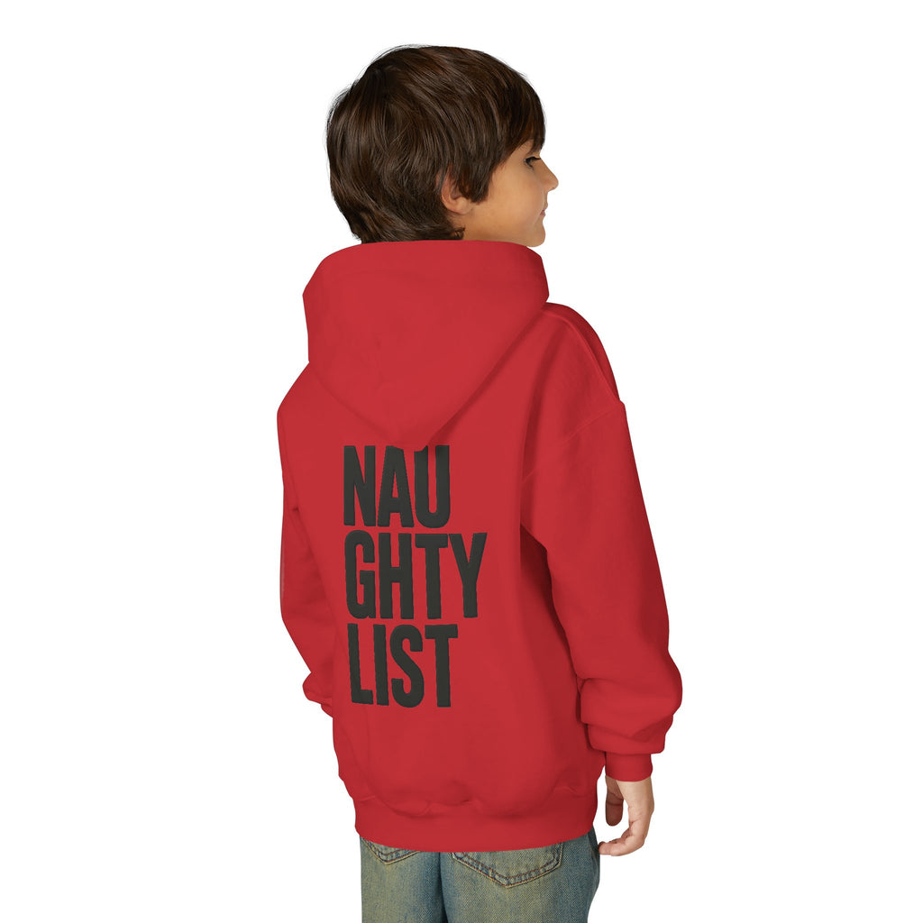 Youth Hoodie — Skeleton Hand Heart Front & “NAUGHTY LIST” Back Holiday Pullover