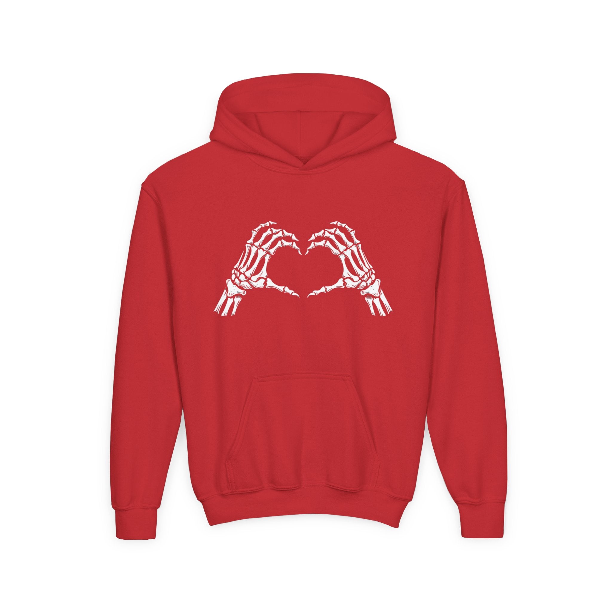 Youth Hoodie — Skeleton Hand Heart Front & “NAUGHTY LIST” Back Holiday Pullover