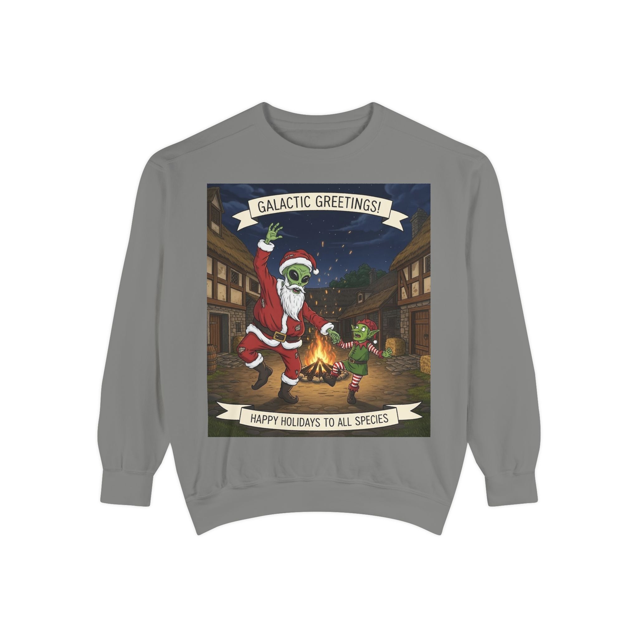 Galactic Greetings Santa Alien Dance sweatshirt | Christmas sci-fi holiday design