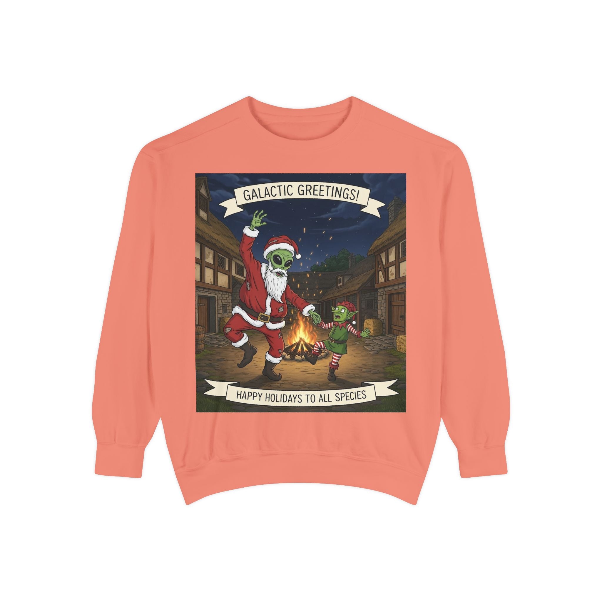 Galactic Greetings Santa Alien Dance sweatshirt | Christmas sci-fi holiday design