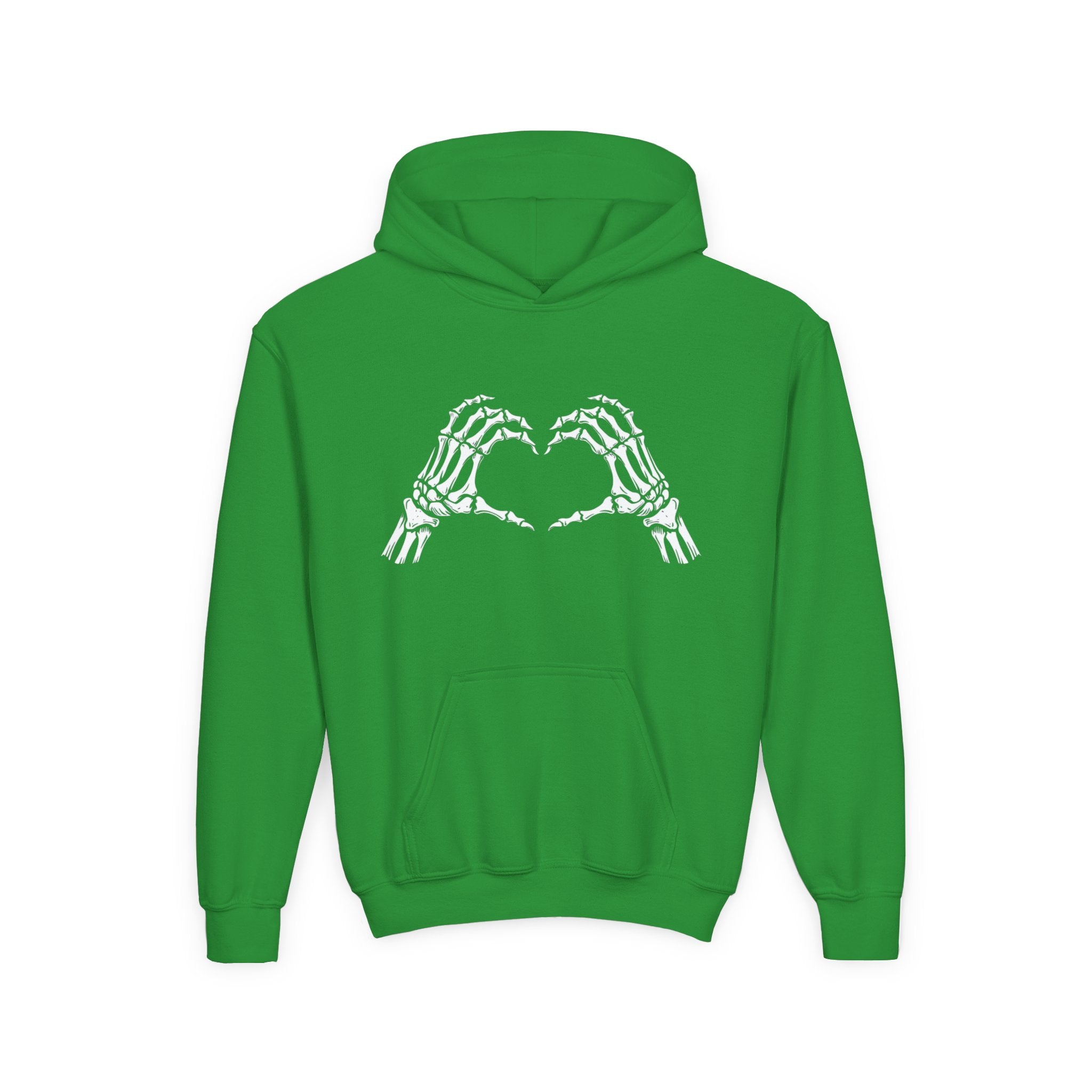 Youth Hoodie — Skeleton Hand Heart Front & “NAUGHTY LIST” Back Holiday Pullover