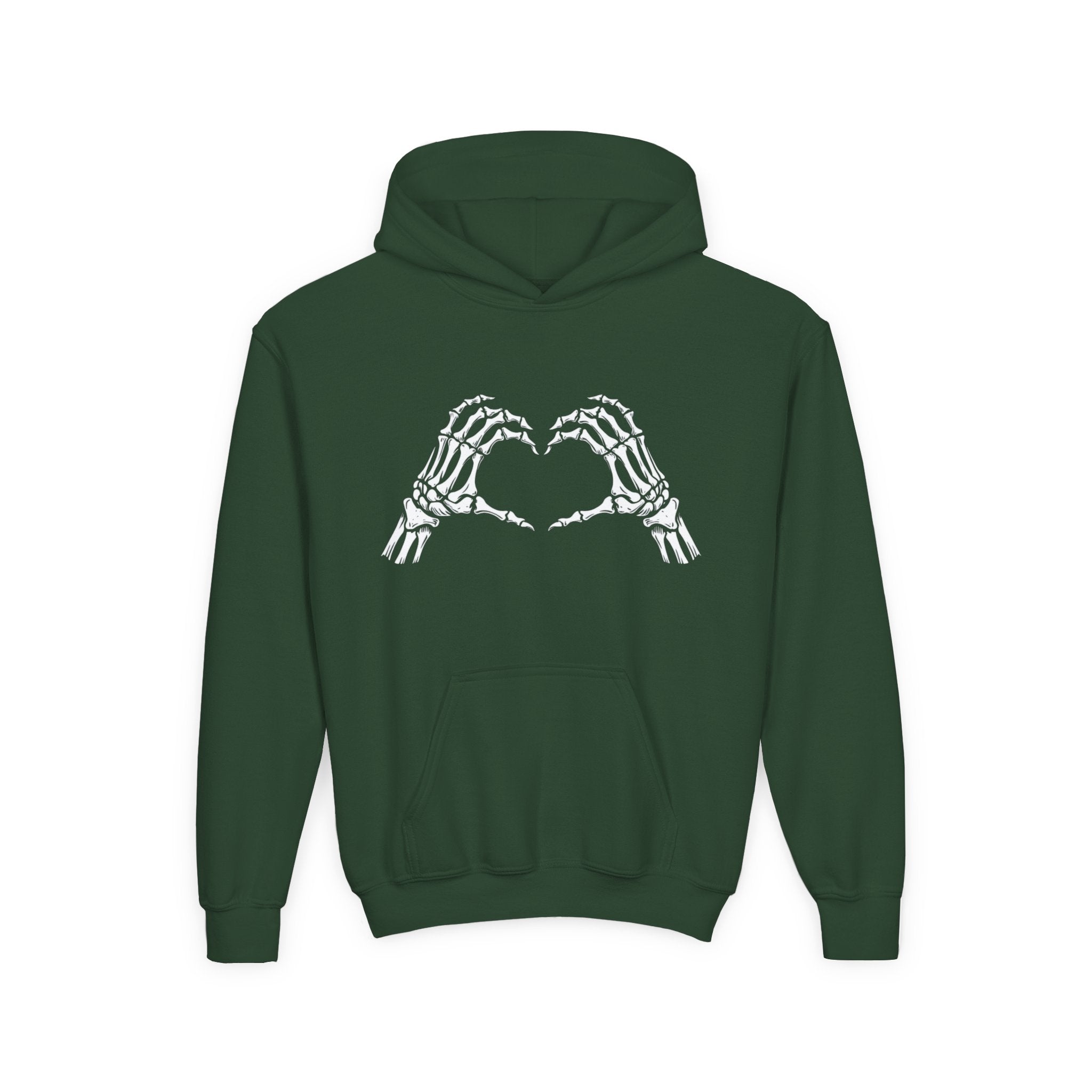 Youth Hoodie — Skeleton Hand Heart Front & “NAUGHTY LIST” Back Holiday Pullover
