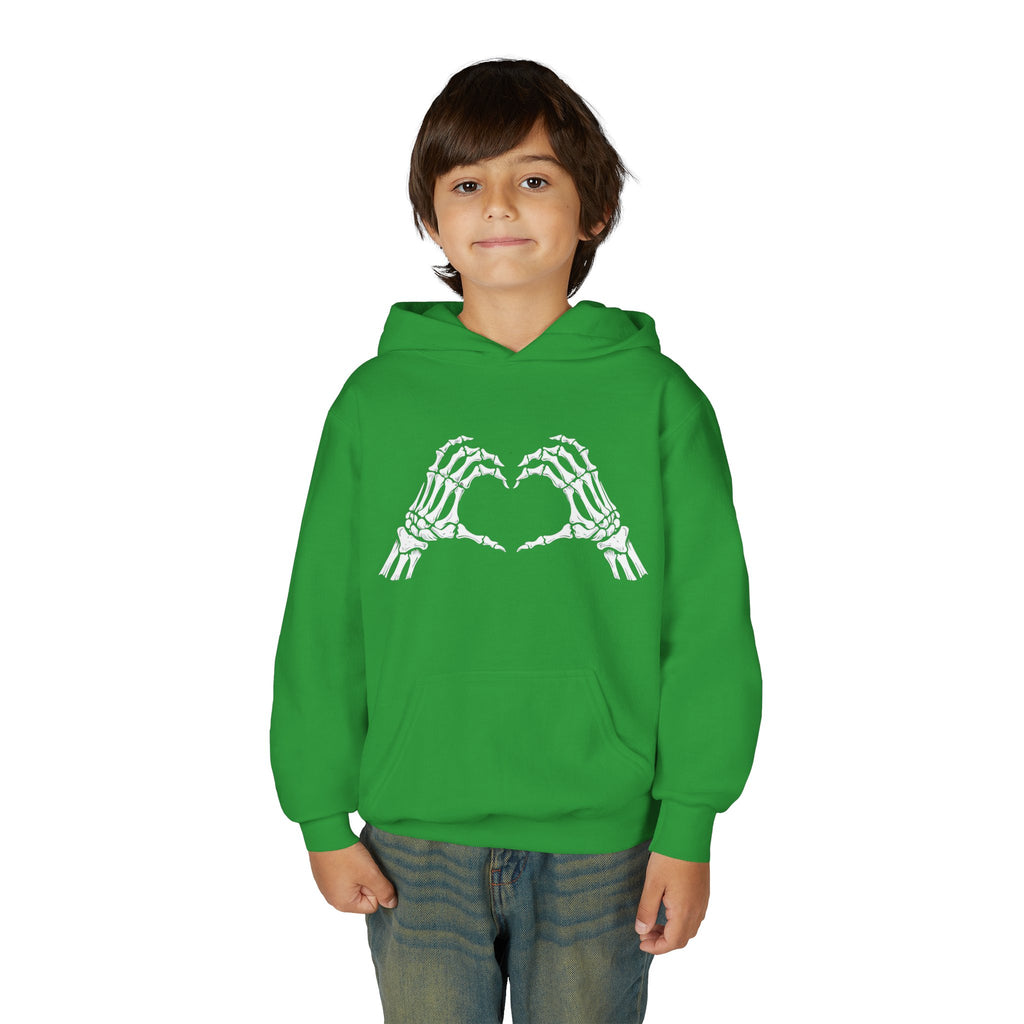 Youth Hoodie — Skeleton Hand Heart Front & “NAUGHTY LIST” Back Holiday Pullover