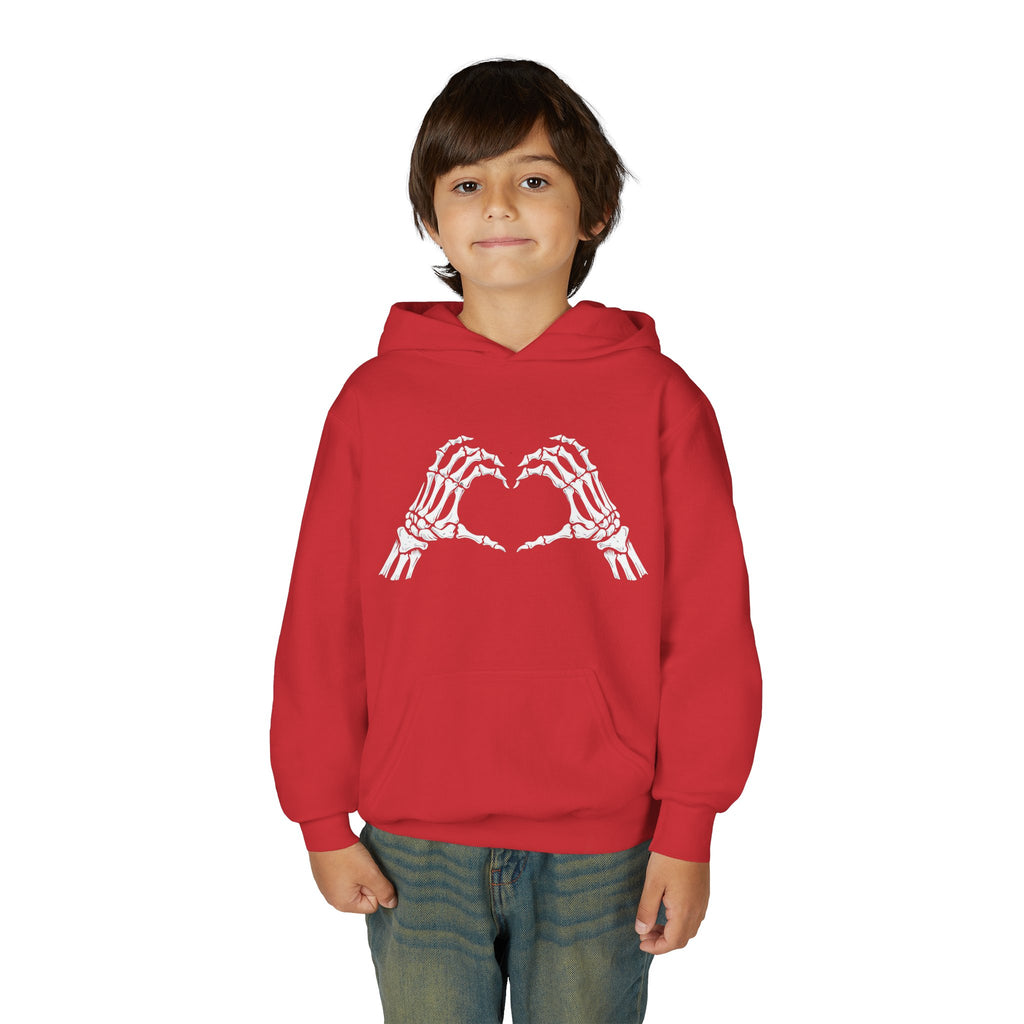 Youth Hoodie — Skeleton Hand Heart Front & “NAUGHTY LIST” Back Holiday Pullover