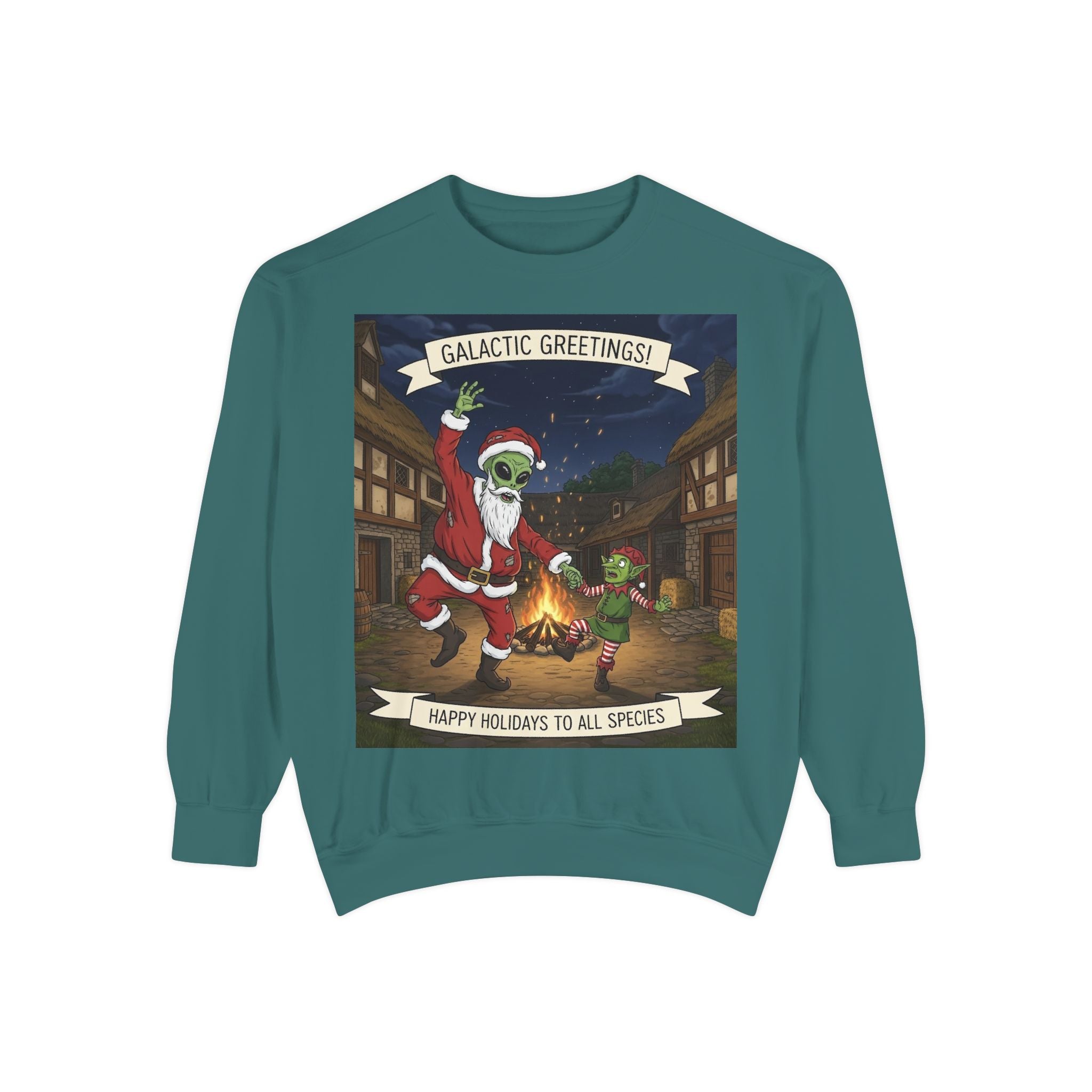 Galactic Greetings Santa Alien Dance sweatshirt | Christmas sci-fi holiday design