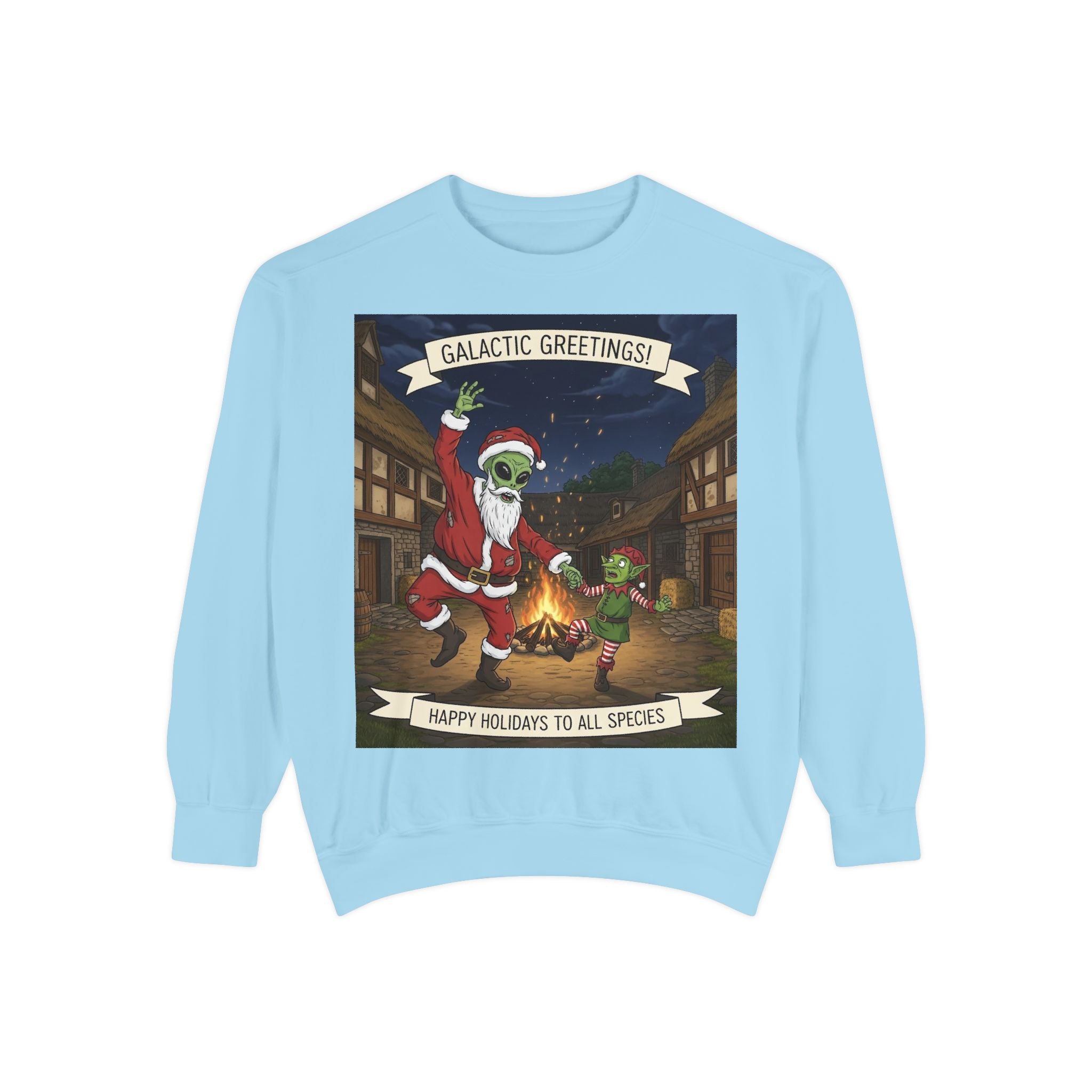 Galactic Greetings Santa Alien Dance sweatshirt | Christmas sci-fi holiday design