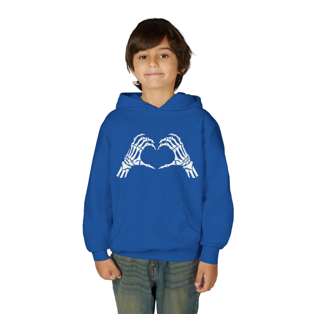 Youth Hoodie — Skeleton Hand Heart Front & “NAUGHTY LIST” Back Holiday Pullover