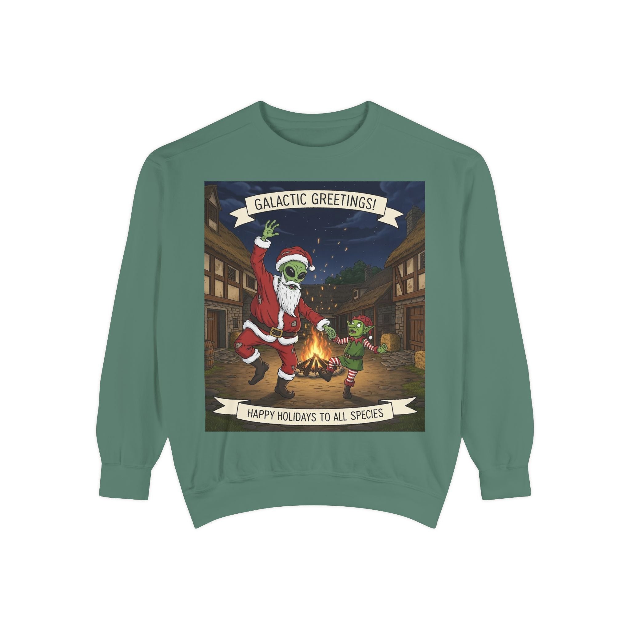 Galactic Greetings Santa Alien Dance sweatshirt | Christmas sci-fi holiday design