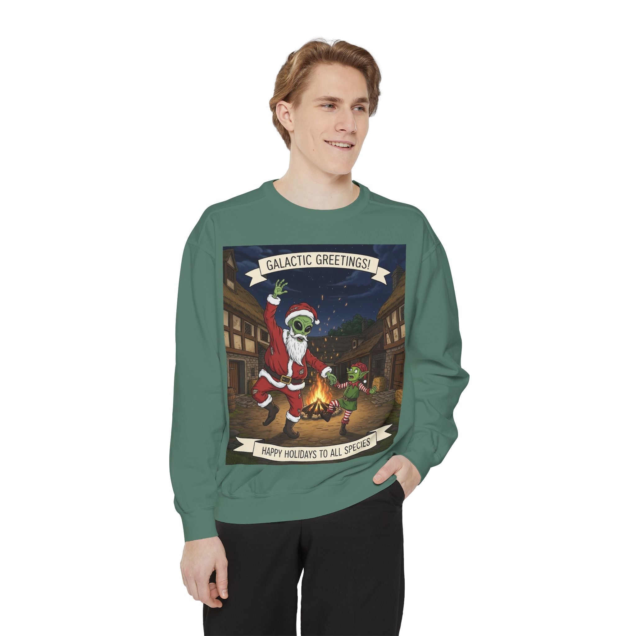 Galactic Greetings Santa Alien Dance sweatshirt | Christmas sci-fi holiday design