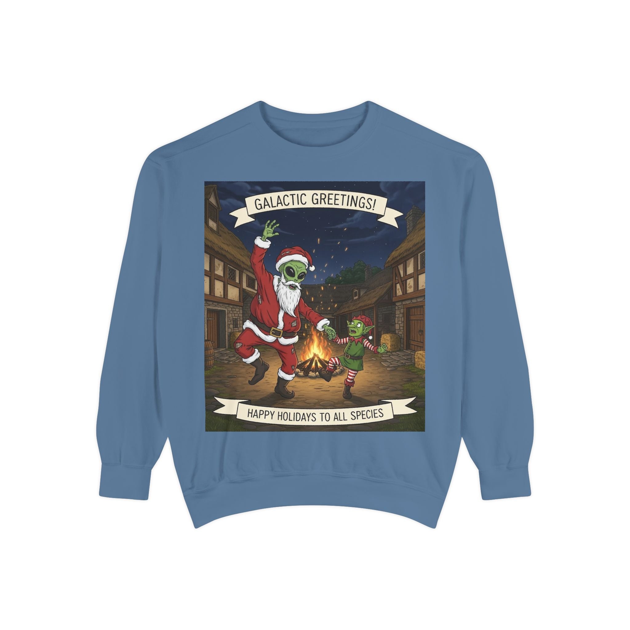Galactic Greetings Santa Alien Dance sweatshirt | Christmas sci-fi holiday design
