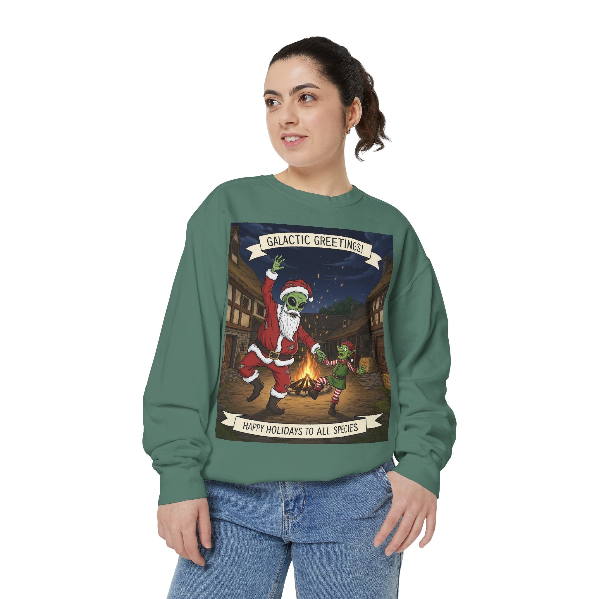 Galactic Greetings Santa Alien Dance sweatshirt | Christmas sci-fi holiday design