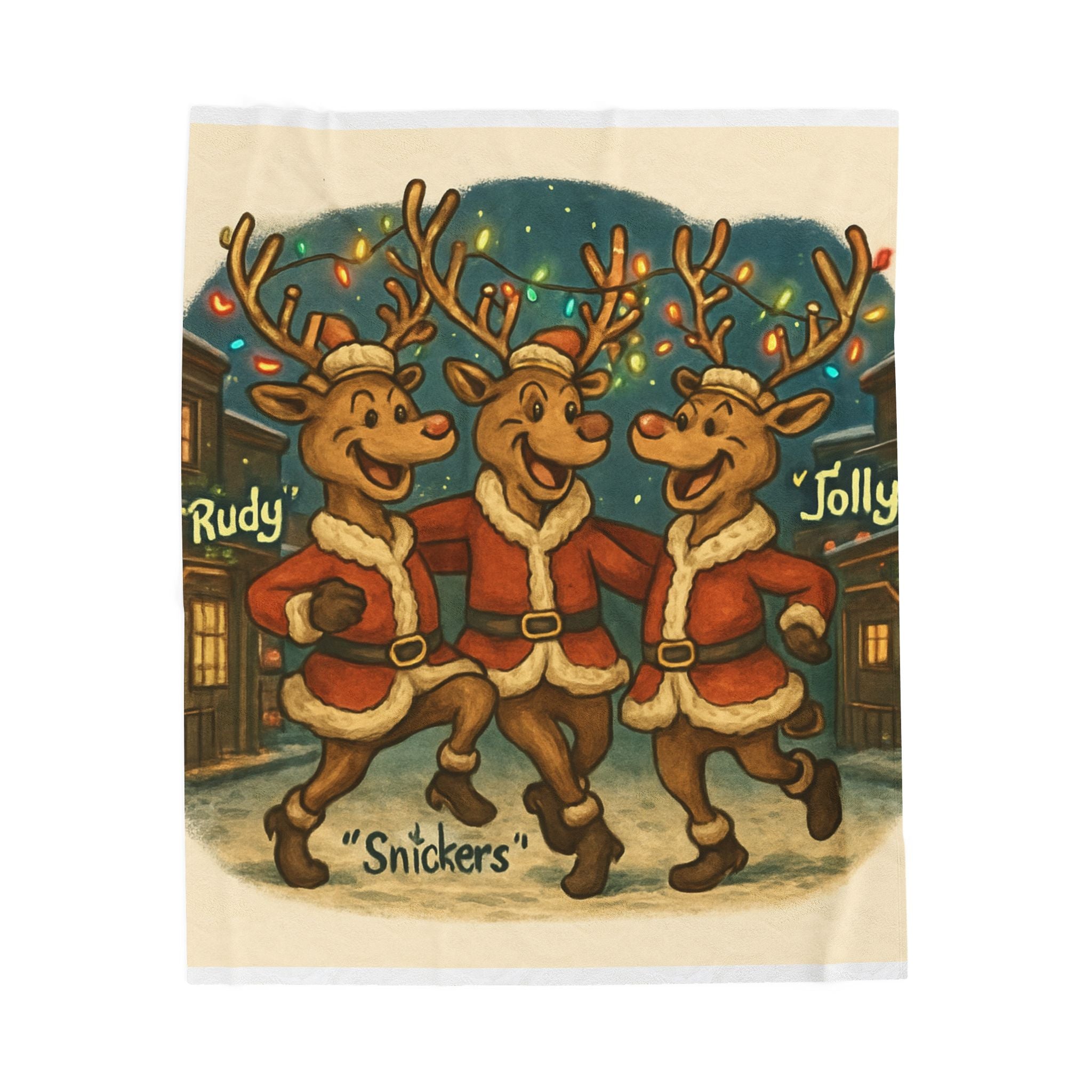 Vintage Christmas Reindeer Velveteen Plush Blanket – ‘Rudy, Snickers & Jolly’ Holiday Throw
