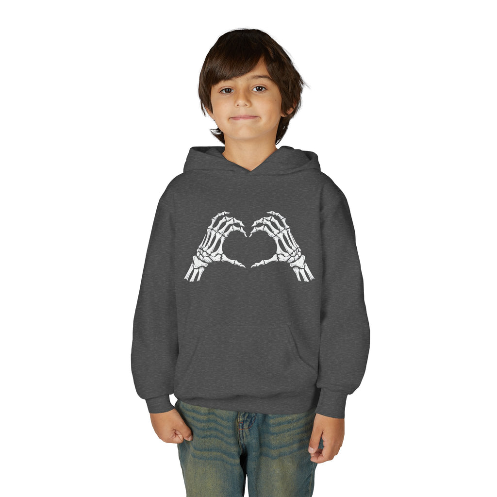 Youth Hoodie — Skeleton Hand Heart Front & “NAUGHTY LIST” Back Holiday Pullover