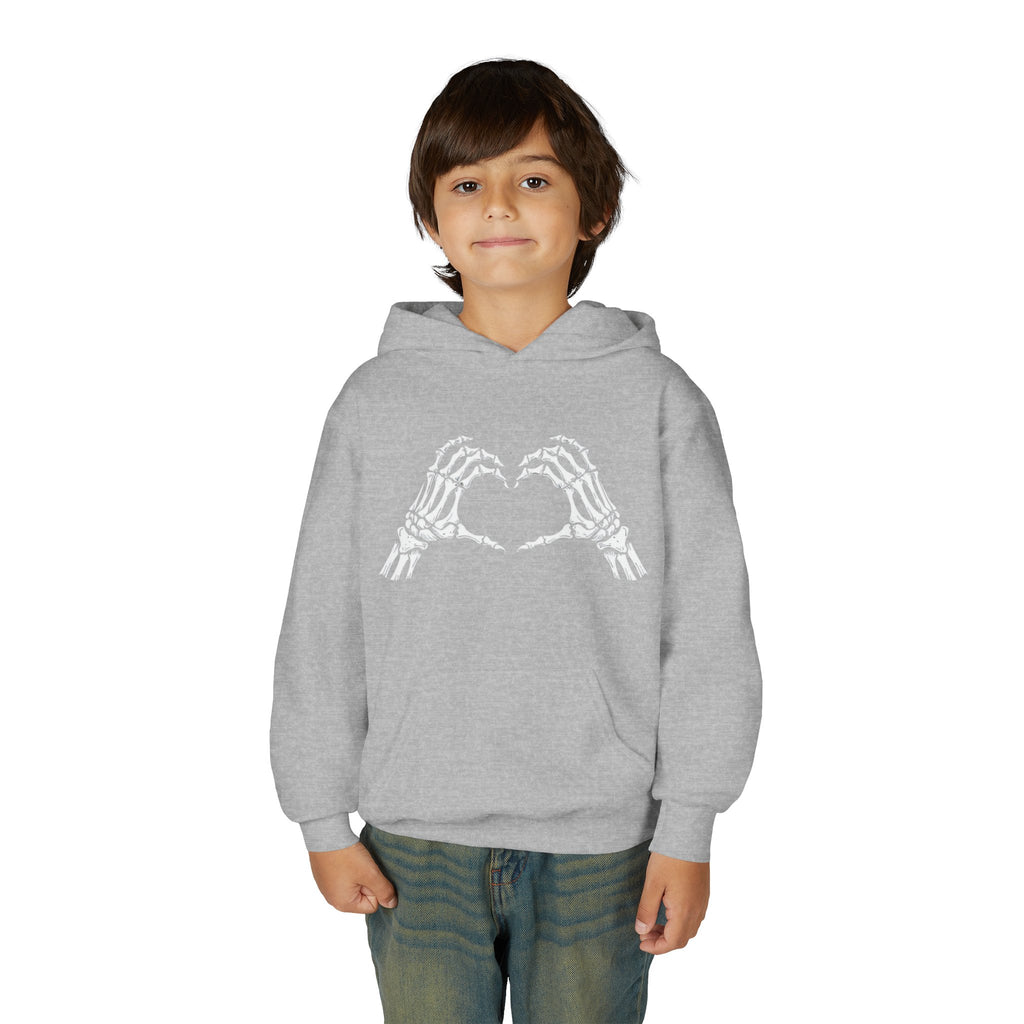 Youth Hoodie — Skeleton Hand Heart Front & “NAUGHTY LIST” Back Holiday Pullover