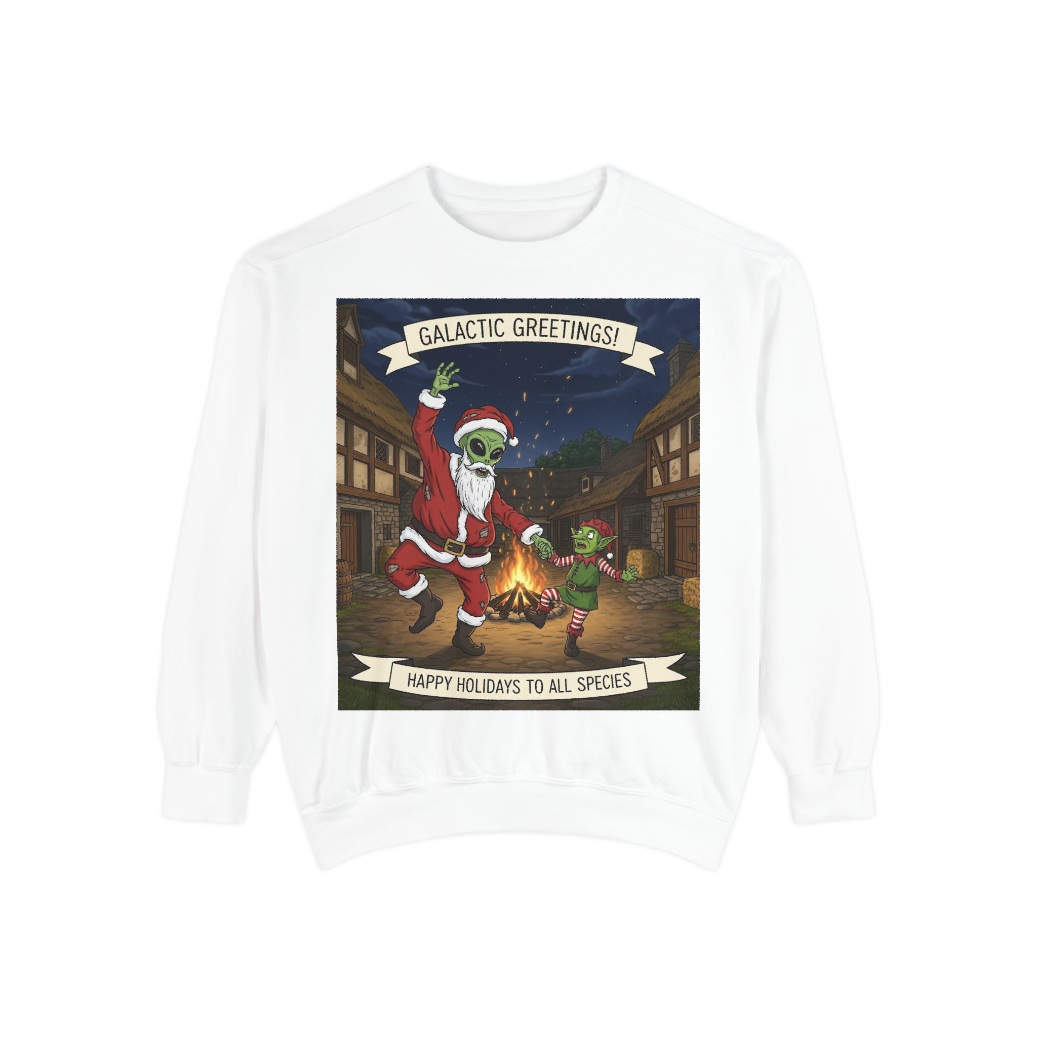 Galactic Greetings Santa Alien Dance sweatshirt | Christmas sci-fi holiday design