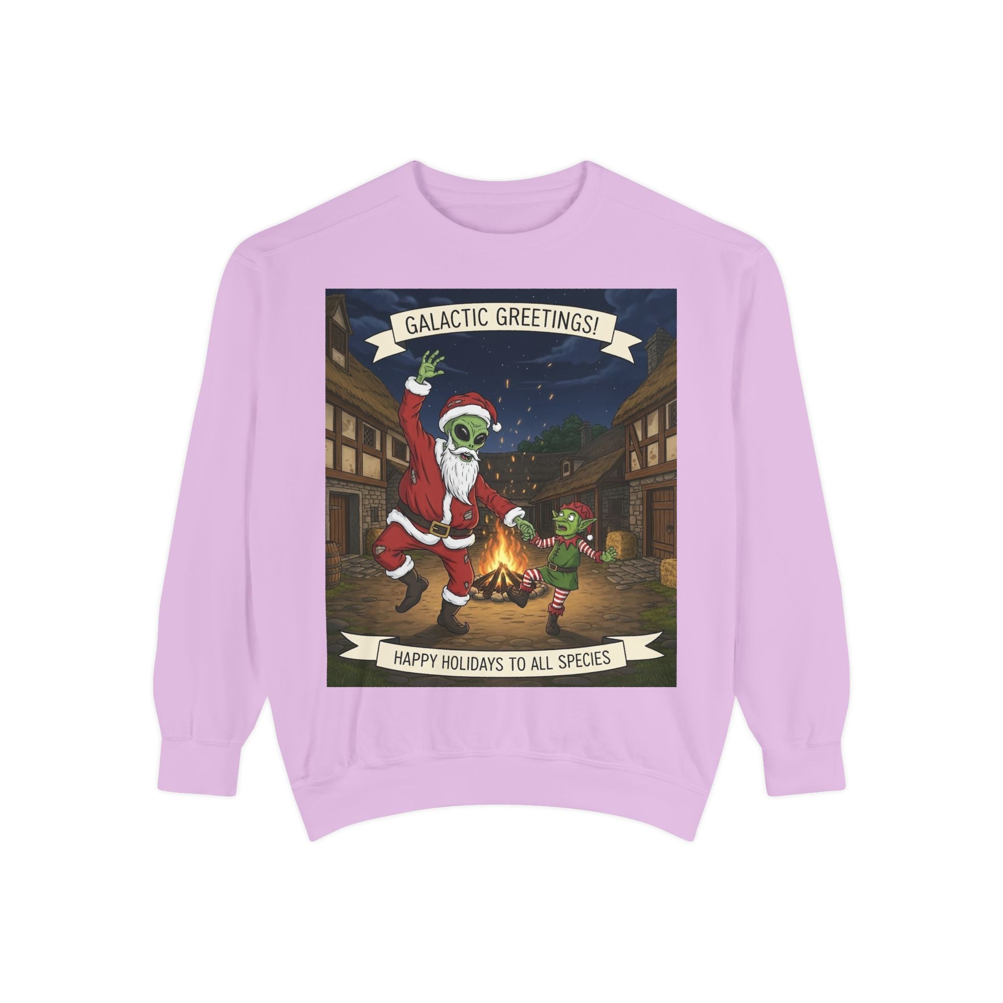 Galactic Greetings Santa Alien Dance sweatshirt | Christmas sci-fi holiday design