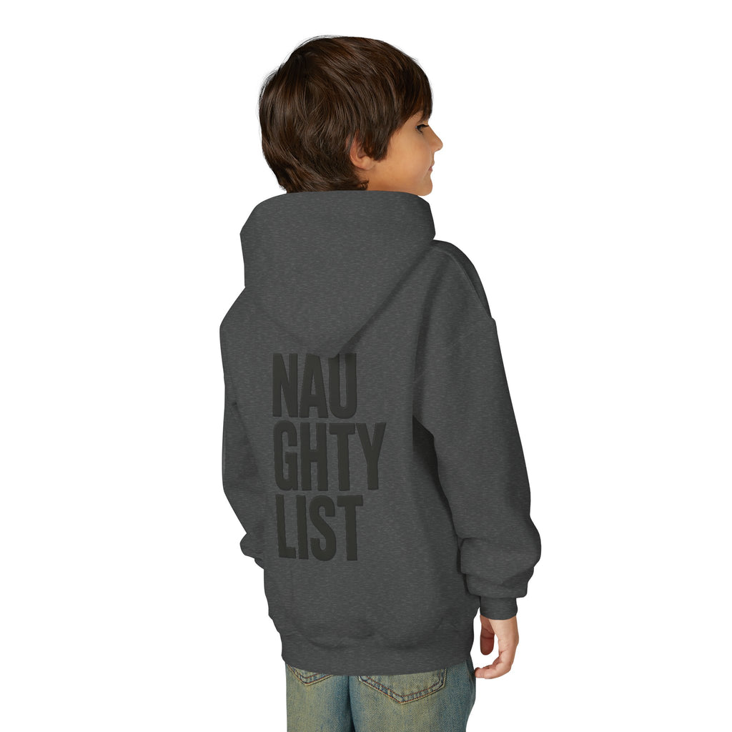 Youth Hoodie — Skeleton Hand Heart Front & “NAUGHTY LIST” Back Holiday Pullover