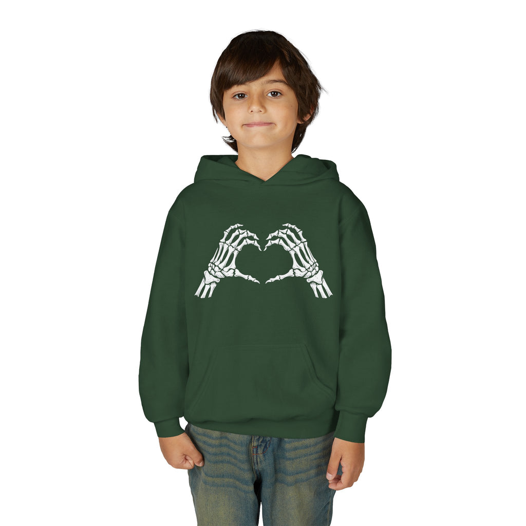 Youth Hoodie — Skeleton Hand Heart Front & “NAUGHTY LIST” Back Holiday Pullover