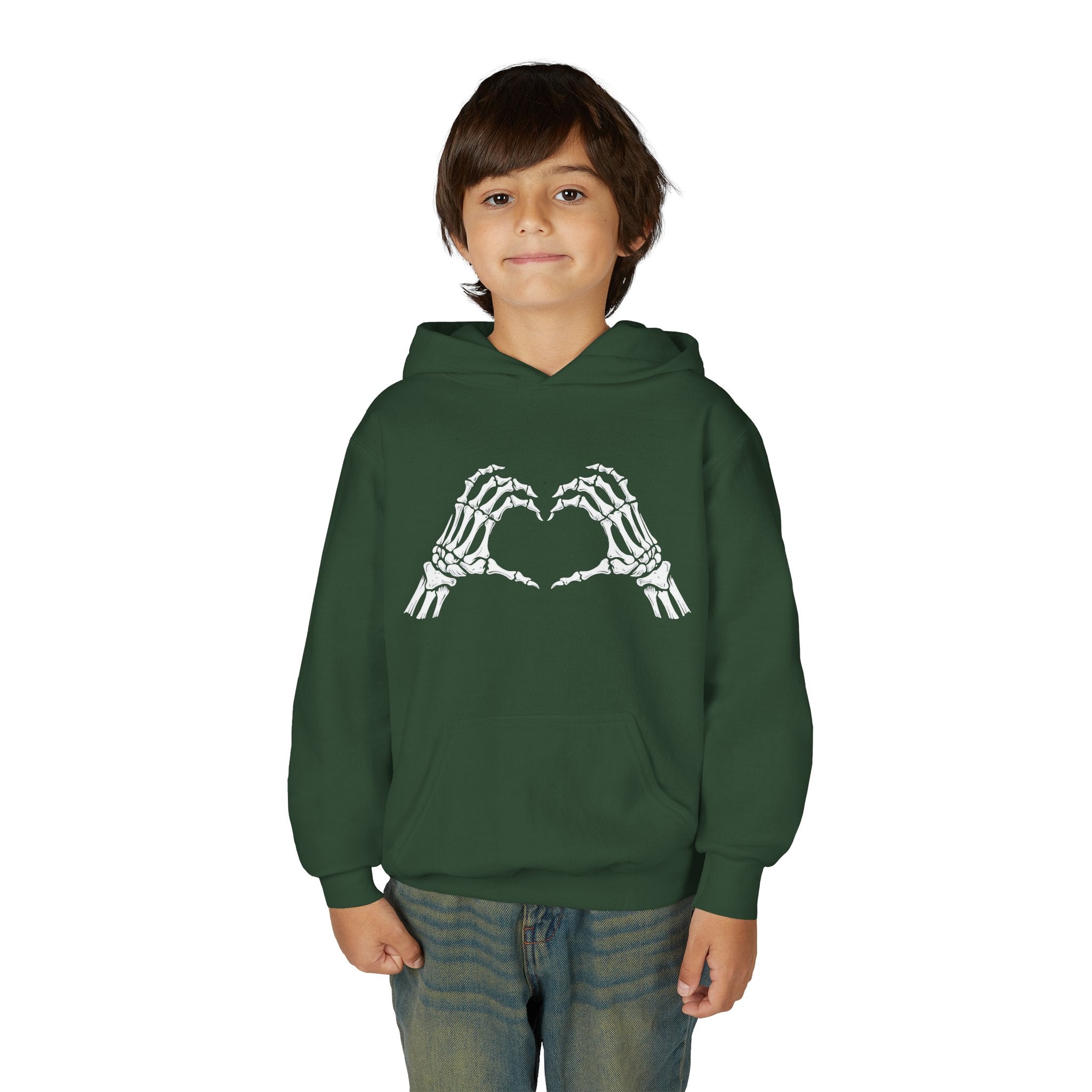 Youth Hoodie — Skeleton Hand Heart Front & “NAUGHTY LIST” Back Holiday Pullover