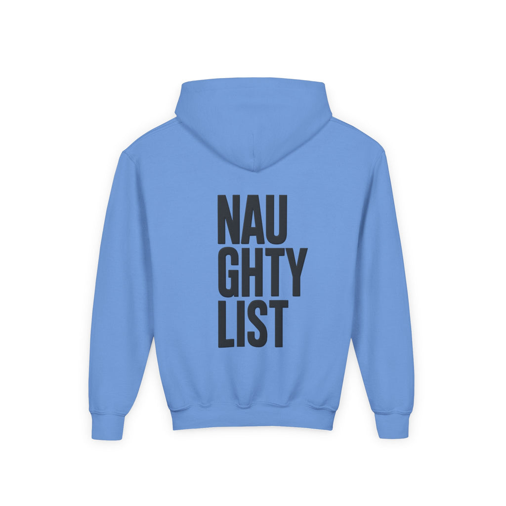 Youth Hoodie — Skeleton Hand Heart Front & “NAUGHTY LIST” Back Holiday Pullover