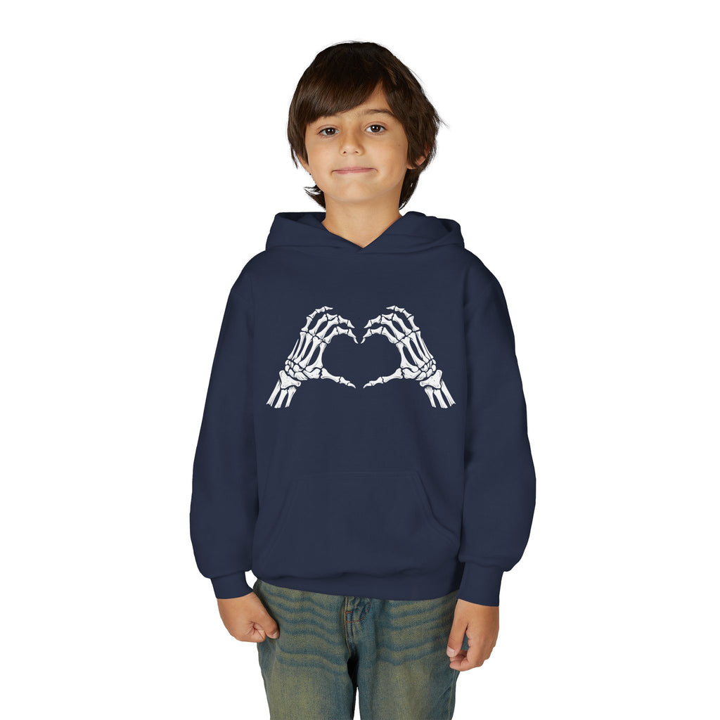 Youth Hoodie — Skeleton Hand Heart Front & “NAUGHTY LIST” Back Holiday Pullover
