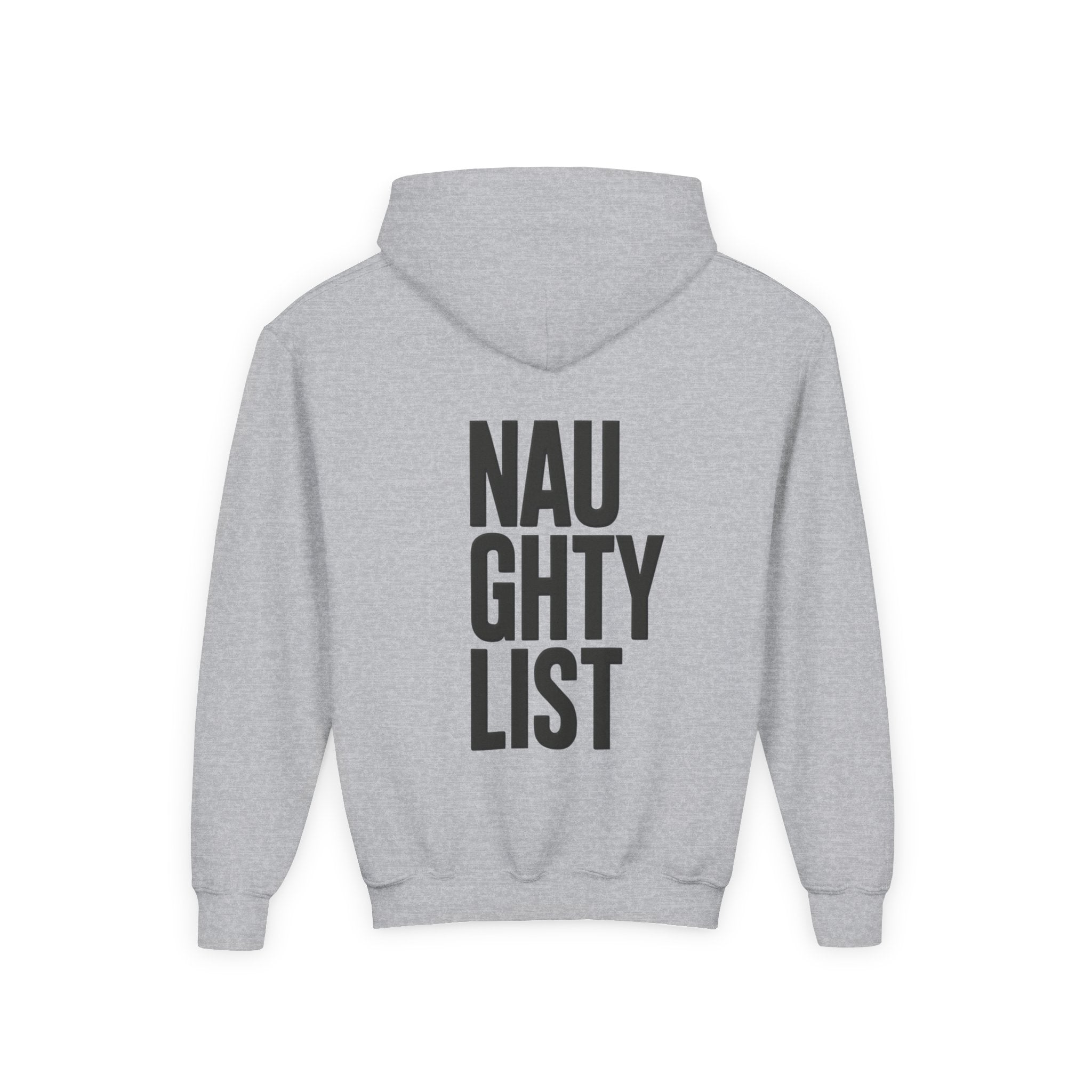 Youth Hoodie — Skeleton Hand Heart Front & “NAUGHTY LIST” Back Holiday Pullover