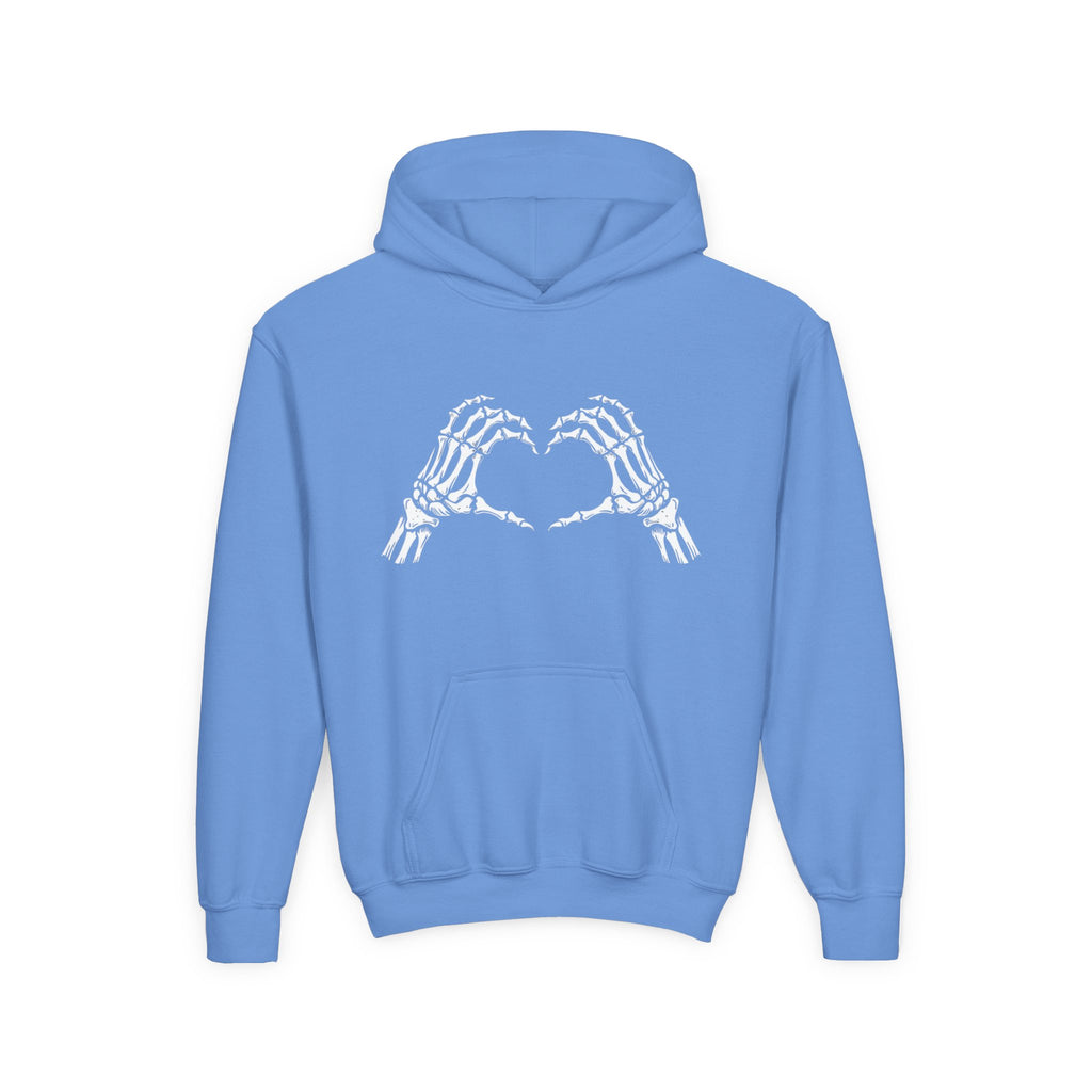 Youth Hoodie — Skeleton Hand Heart Front & “NAUGHTY LIST” Back Holiday Pullover