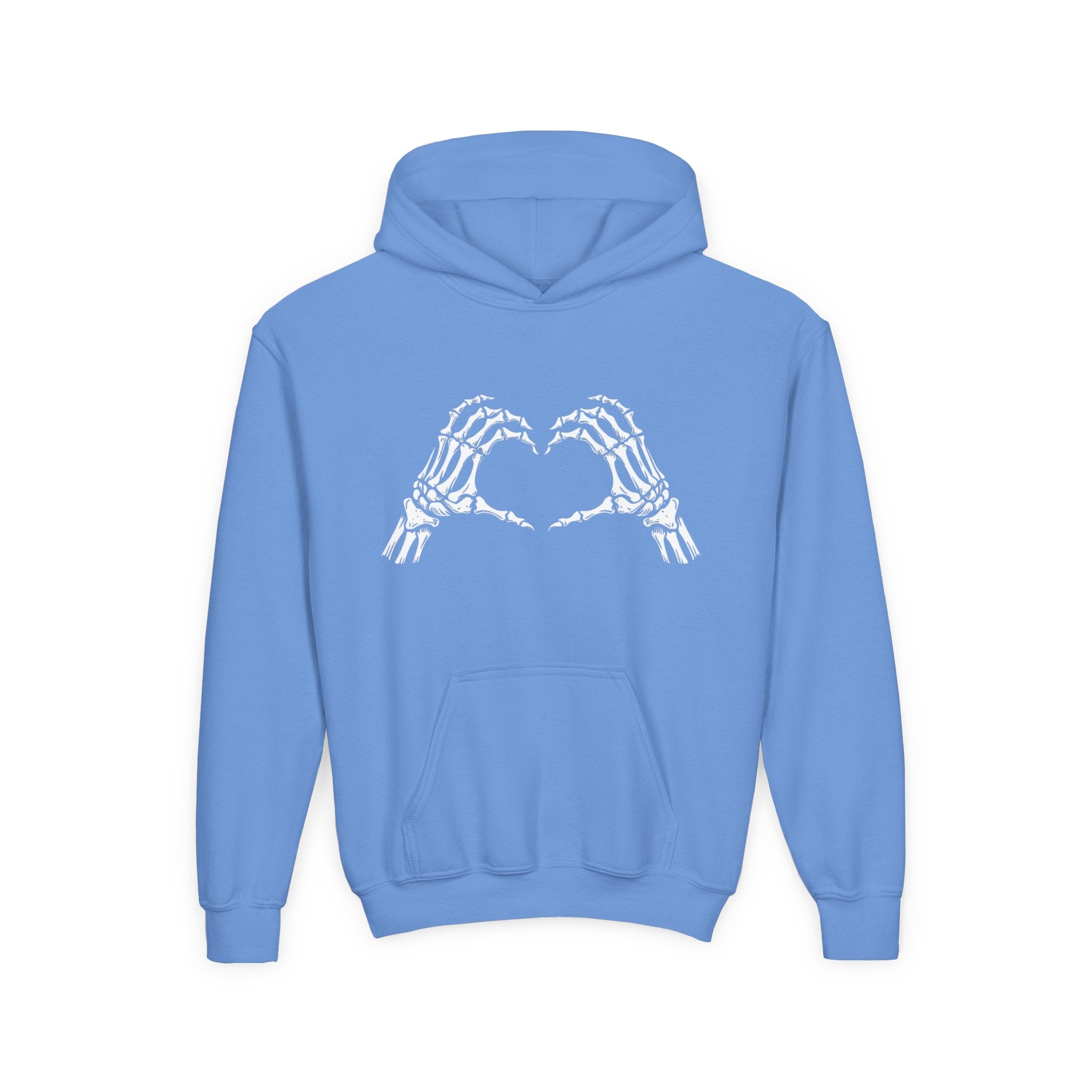 Youth Hoodie — Skeleton Hand Heart Front & “NAUGHTY LIST” Back Holiday Pullover