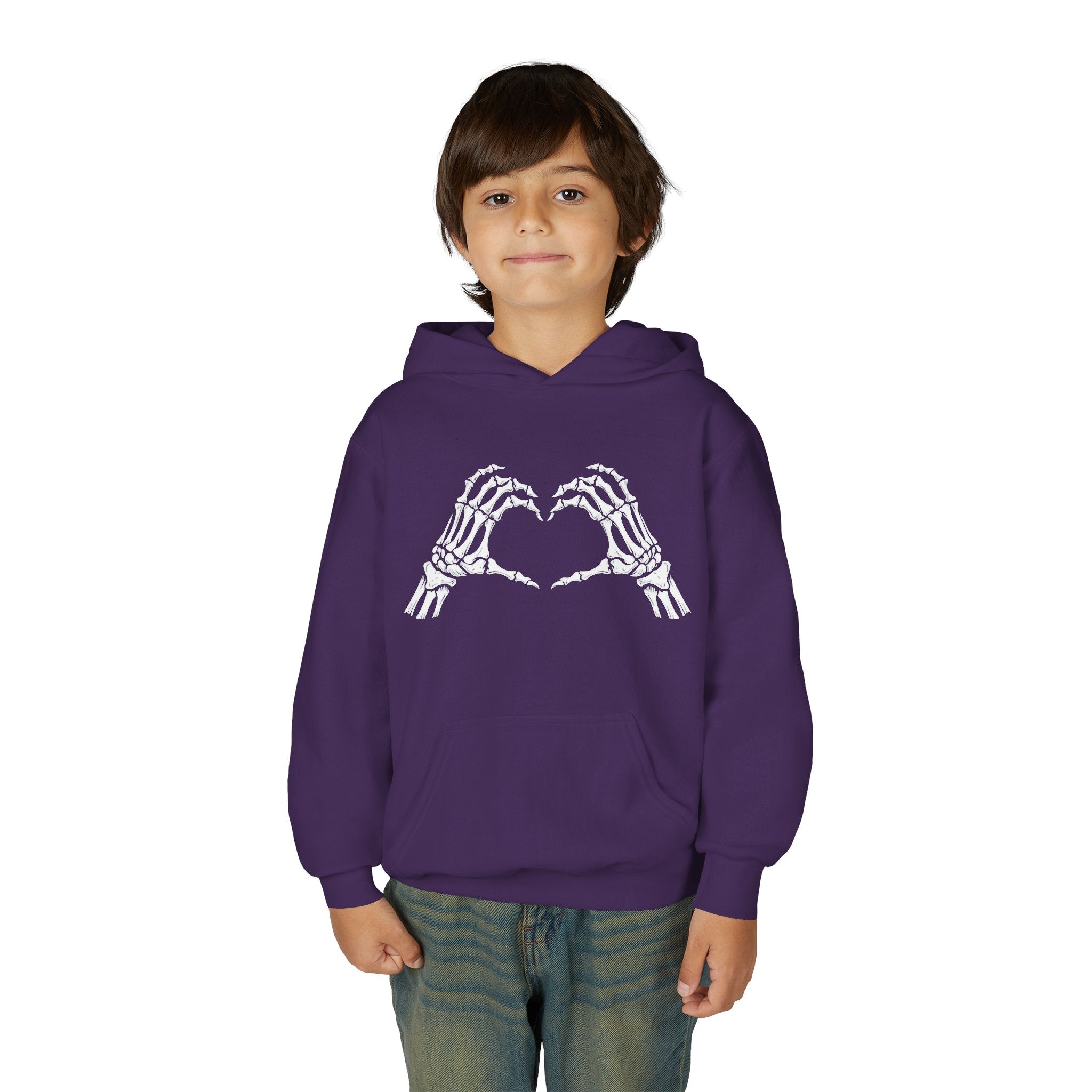 Youth Hoodie — Skeleton Hand Heart Front & “NAUGHTY LIST” Back Holiday Pullover