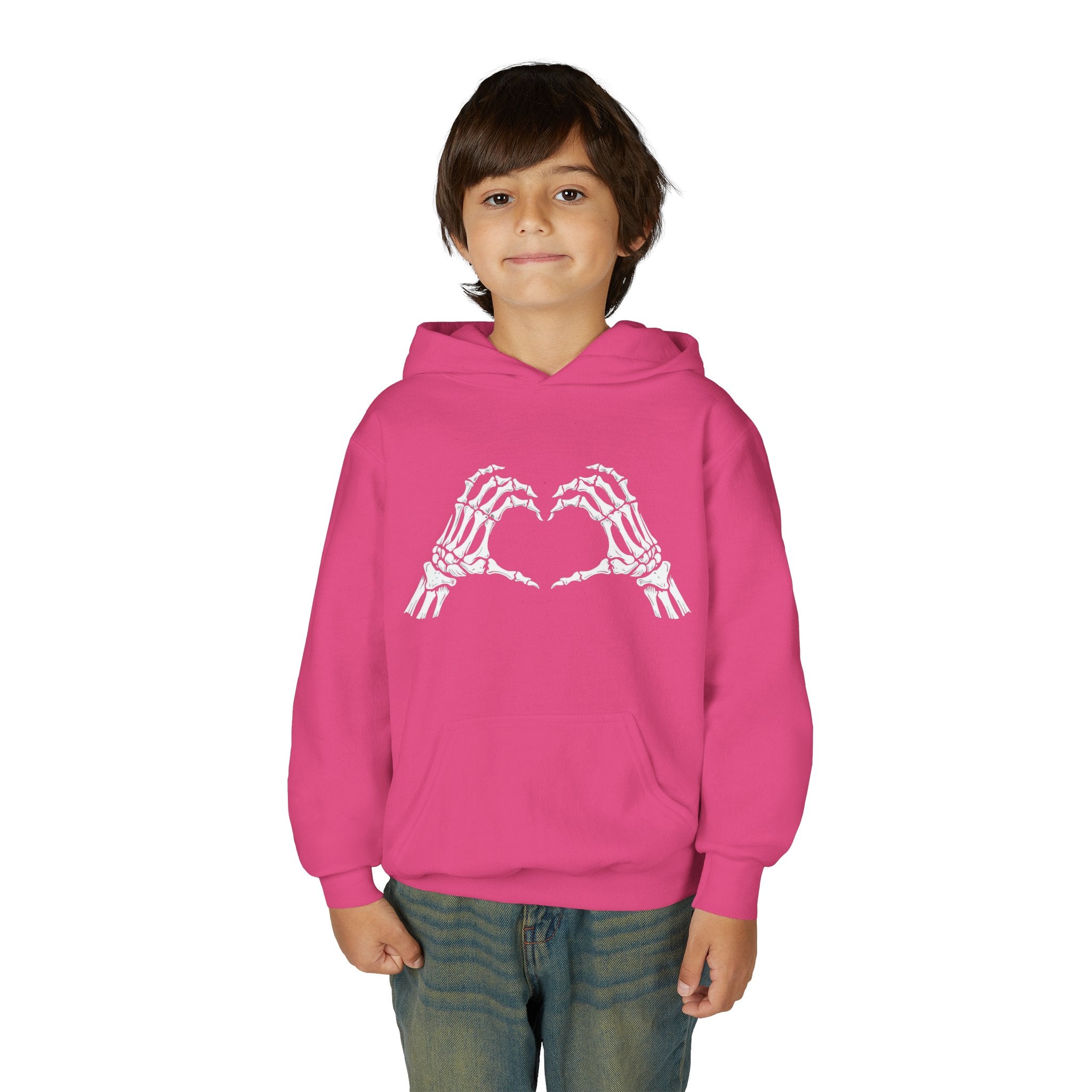 Youth Hoodie — Skeleton Hand Heart Front & “NAUGHTY LIST” Back Holiday Pullover